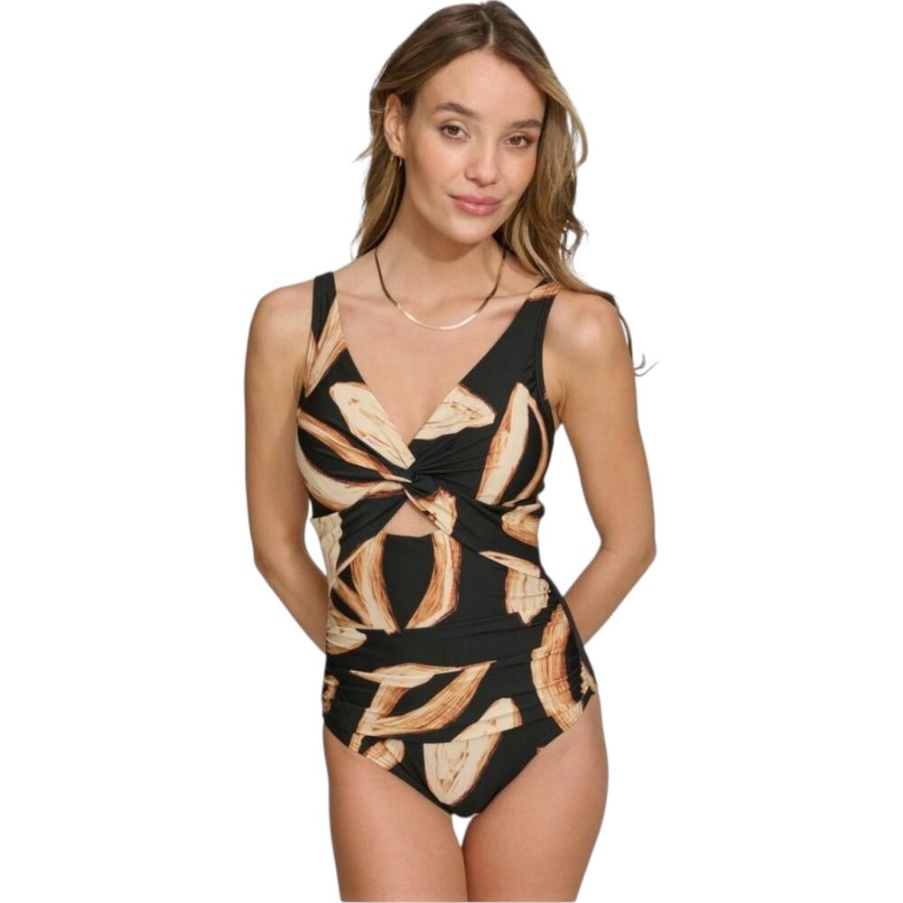 NWT DKNY Women's Twist Front Keyhole One Piece Swimsuit Black, Tan/Mocha Large - Picture 4 of 11